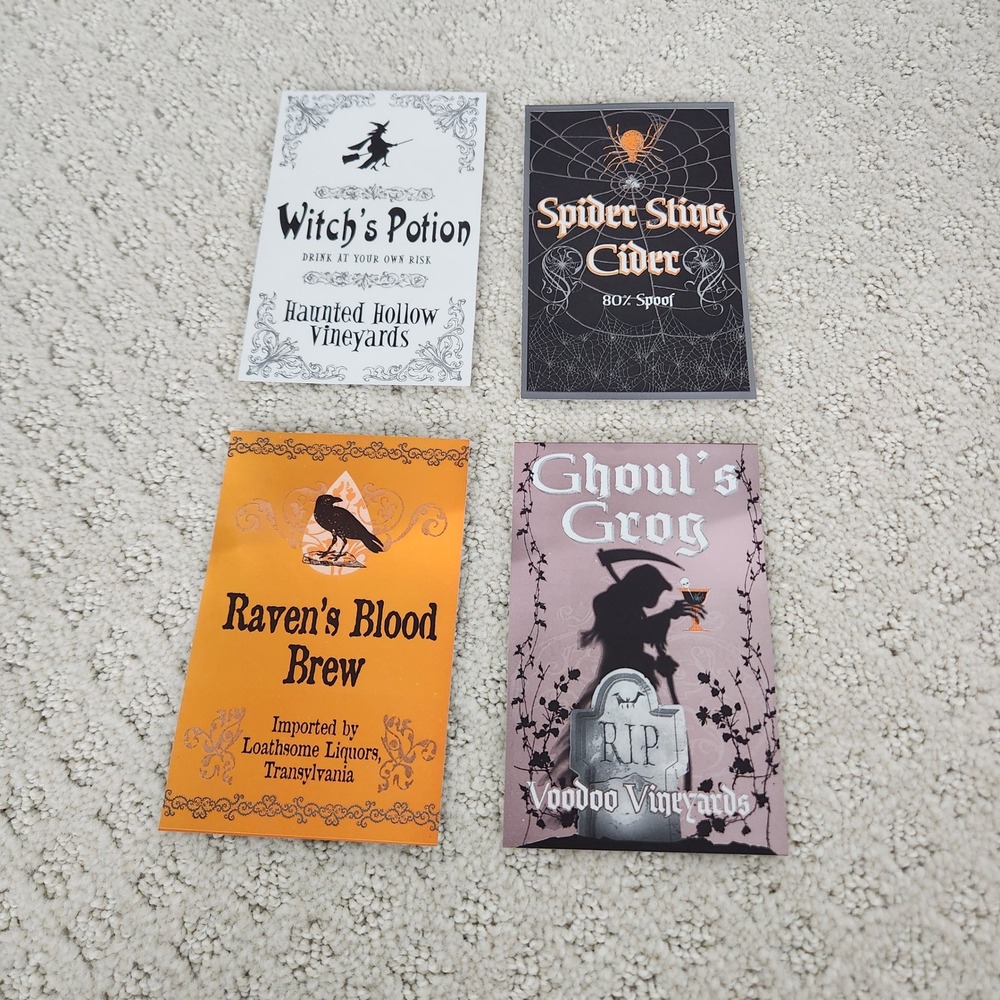 Spooky Village Halloween Bottle Labels 4 Pack Raven Ghoul Witch Spider Decor